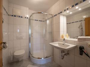 a bathroom with a shower and a sink and a toilet at Ferienhaus & -wohnung Flatscher in Waidring