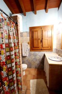 a bathroom with a toilet and a shower curtain at TODIMER FINCA ALPUJAREÑA in Vélez de Benaudalla