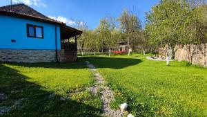a yard with a blue house and a hammock at La Casuta in Fieni