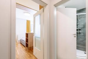 une salle de bain avec douche et porte vitrée dans l'établissement Horský apartmán Temari 11 Klínovec, à Loučná pod Klínovcem
