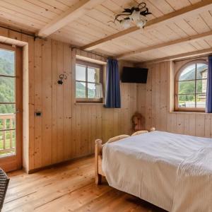 ein Schlafzimmer mit einem Bett in einem Zimmer mit Holzwänden in der Unterkunft Hotel Chalet val di Rabbi in Rabbi