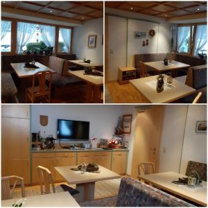two pictures of a room with a table and a tv at Haus Gant in Sankt Gallenkirch