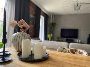 Televízia a/alebo spoločenská miestnosť v ubytovaní Dom nad jeziorem