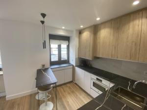 a kitchen with wooden cabinets and a sink and a window at "El Paraguas del Antiguo" Parking privado gratuito-Tres dormitorios independientes in Oviedo