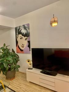 sala de estar con TV de pantalla plana y planta en Pension Nest - Family Apartman, en Mosonmagyaróvár