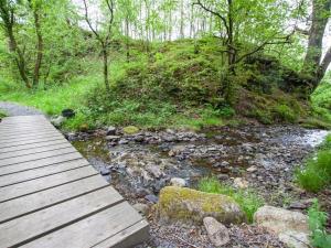 a wooden bridge over a stream in a forest at Sunny Brow Hayloft in Ambleside