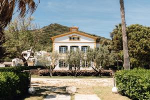 una casa blanca con una palmera delante de ella en Hotel Rural Sant Patrici, en Ferreries