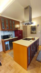 a kitchen with an orange island in the middle of it at Art Styles Boutique Apartment Szentendre in Szentendre