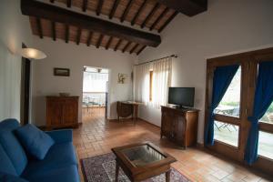 uma sala de estar com um sofá azul e uma televisão em Agriturismo Raccianello em San Gimignano