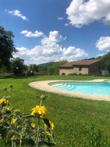 een tuin met een zwembad en een huis en bloemen bij Agriresort La Noce di Francesca in Londa