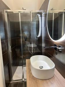 La salle de bains est pourvue d'un lavabo et d'une douche. dans l'établissement Harmony Navigli Apartment, à Milan