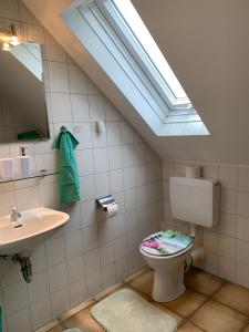 a bathroom with a toilet and a sink and a skylight at Ferienwohnung 2 in Huglfing im Herzen vom 5 Seen Land Oberbayern in Huglfing