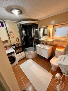 La salle de bains est pourvue d'une douche, de toilettes et d'un lavabo. dans l'établissement Daire, à Istanbul
