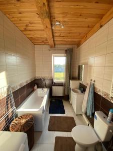 y baño con bañera, aseo y lavamanos. en House in Druskininkai Oldtown, en Druskininkai