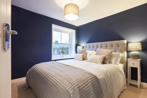 una camera con un grande letto con una parete blu di 51 Risbygate Street Bury St Edmunds a Bury Saint Edmunds