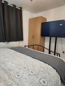 Schlafzimmer mit einem Bett und einem Flachbild-TV in der Unterkunft Private Room in Ilford