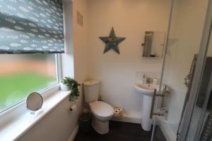 une salle de bains avec toilettes et une étoile sur le mur dans l'établissement Cosy two bedroom first floor apartment, à Birmingham