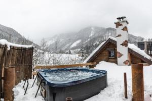 una bañera de hidromasaje en la nieve junto a una cabaña en Naturerlebnis Suite - Nationalpark, en Ramsau