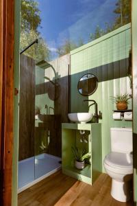 a bathroom with a toilet and a sink and a shower at Yurtshire Eavestone Lake - Birch Yurt in Ripon