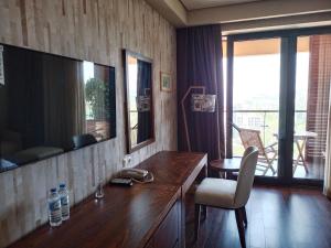 Zimmer mit einem TV und einem Schreibtisch mit Stuhl in der Unterkunft Dreamland Oasis in Chakvi