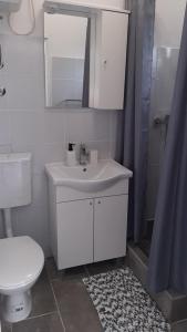 een badkamer met een wastafel, een toilet en een spiegel bij Apartment BIM in Pisak