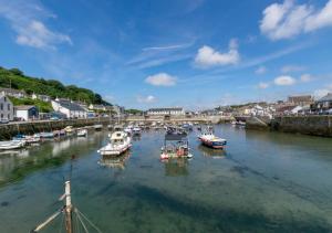 a bunch of boats are docked in a river at Quayside in Porthleven