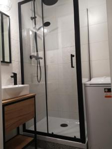 prysznic ze szklanymi drzwiami obok umywalki w obiekcie Kawalerka Łomża w mieście Łomża