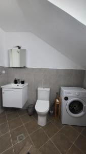 a bathroom with a toilet and a washing machine at RODIES apartment in Chalkida