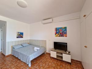 1 dormitorio con 1 cama y TV de pantalla plana en G&G Benalbeach Mediterranean Terrace, en Benalmádena
