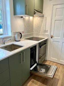 a kitchen with green cabinets and a sink at Studio at The Old Vicarage in Abingdon +4 photos