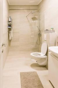 a bathroom with a toilet and a glass shower at MT One-bedroom boho apartment, Budva in Budva