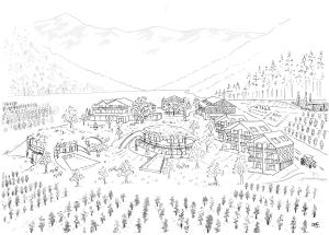 un dibujo de un pueblo con árboles y edificios en Apfelhotel Torgglerhof, en Saltusio