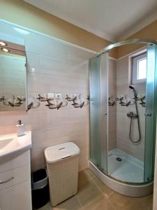 La salle de bains est pourvue d'une douche et d'un lavabo. dans l'établissement Belvárosi BástyaVár Apartman, à Gyula