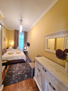 um quarto de hotel com uma cama e um espelho em Belvárosi BástyaVár Apartman em Gyula