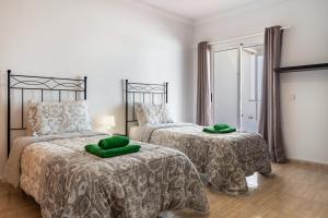 Un dormitorio con dos camas con almohadas verdes sobre ellas. en Ganivet Home, en Arrecife