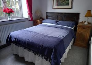 a bedroom with a bed with a blue comforter and two windows at Buttercup Cottage in Tosside