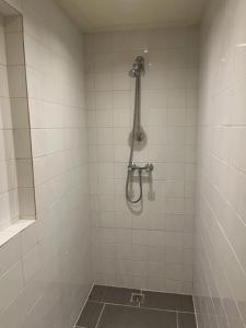 a shower in a white tiled bathroom at Cottage Het Beukenootje in Aerdenhout +44 photos