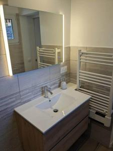 y baño con lavabo y espejo. en La petite Rascasse, Appartement avec Terrasse ensoleillée, en Rayol-Canadel-sur-Mer