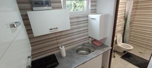 a small bathroom with a sink and a toilet at Domki u Mariana in Gałęzów