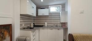 a small kitchen with white cabinets and a window at Domki u Mariana in Gałęzów