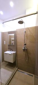 La salle de bains est pourvue d'une douche et d'un lavabo. dans l'établissement Asboth Downtown Apartment, à Budapest