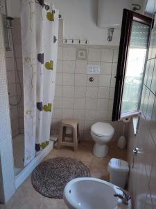 La salle de bains est pourvue de toilettes et d'un rideau de douche. dans l'établissement Monte Granatico, à Villamassargia