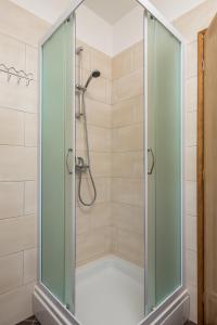a shower with a glass door in a bathroom at Apartman Roko in Vrata