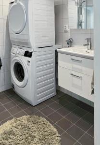 eine Waschmaschine im Bad mit Waschbecken in der Unterkunft Hyllie Appartement - New Construction in Malmö
