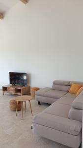 a living room with two couches and a coffee table at Domaine de l'Envolée in Tourbes