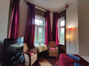 a living room with a tv and a table and windows at Villa Petterhof in Schottwien