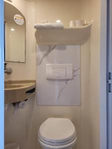 La salle de bains est pourvue de toilettes blanches et d'un lavabo. dans l'établissement Premiere Classe Metz Nord - Semecourt, à Fèves