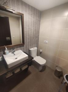 Un baño con lavabo, inodoro y espejo. en Aparthotel Castellfort, en Castellfort
