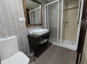 Un baño con lavabo, inodoro y ducha. en Aparthotel Castellfort, en Castellfort