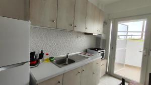 una pequeña cocina con fregadero y microondas en First line apartment, en Flogita
